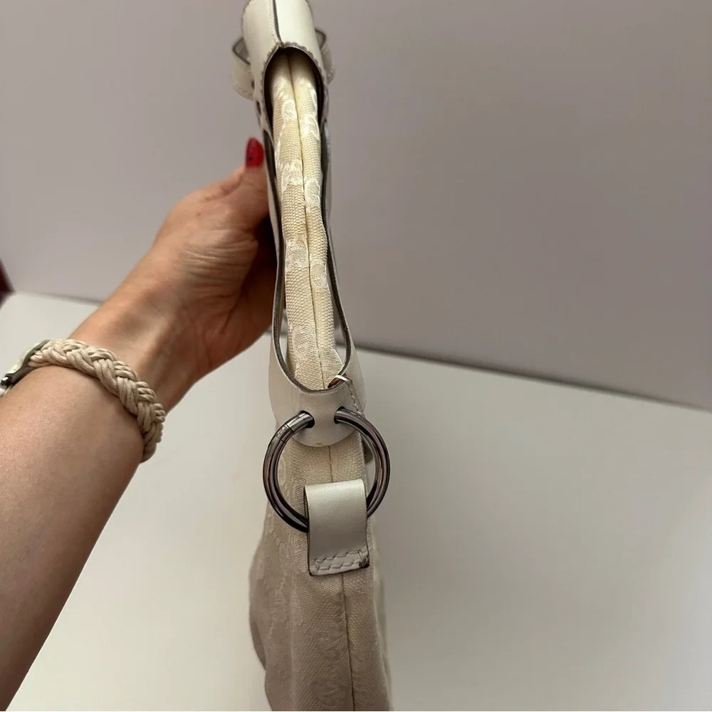 Gucci GG Canvas Cream Hobo Bag with Monogram Print and Leather Trim